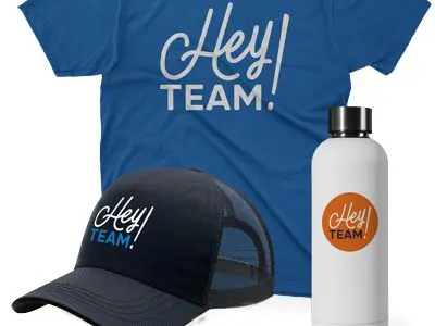 T-shirt, hat and drink tumbler with promotional logo
