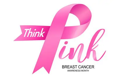 Breast cancer pink ribbon that says think pink breast cancer awareness month