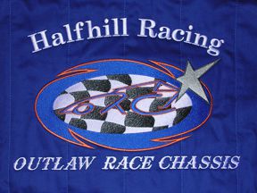 Embroidered back of HalfHill racing suit