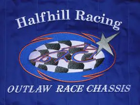 Embroidered back of HalfHill racing suit